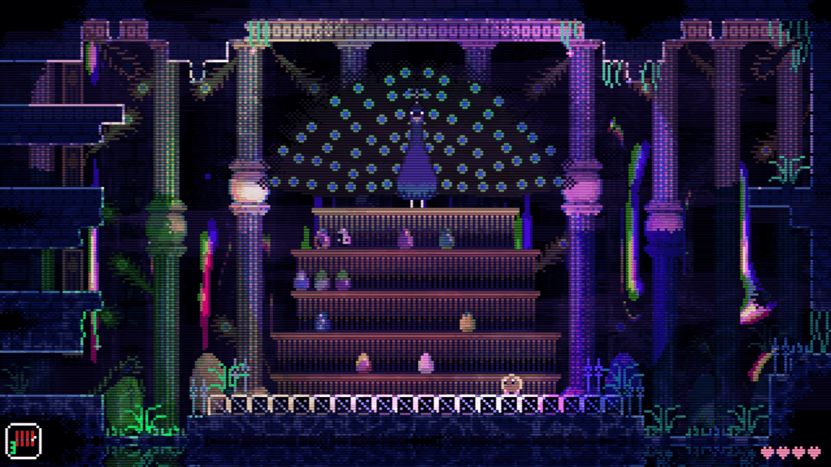 Screenshot from Animal Well of an elegant room with a large peacock sitting above multiple shelves of colorful eggs..