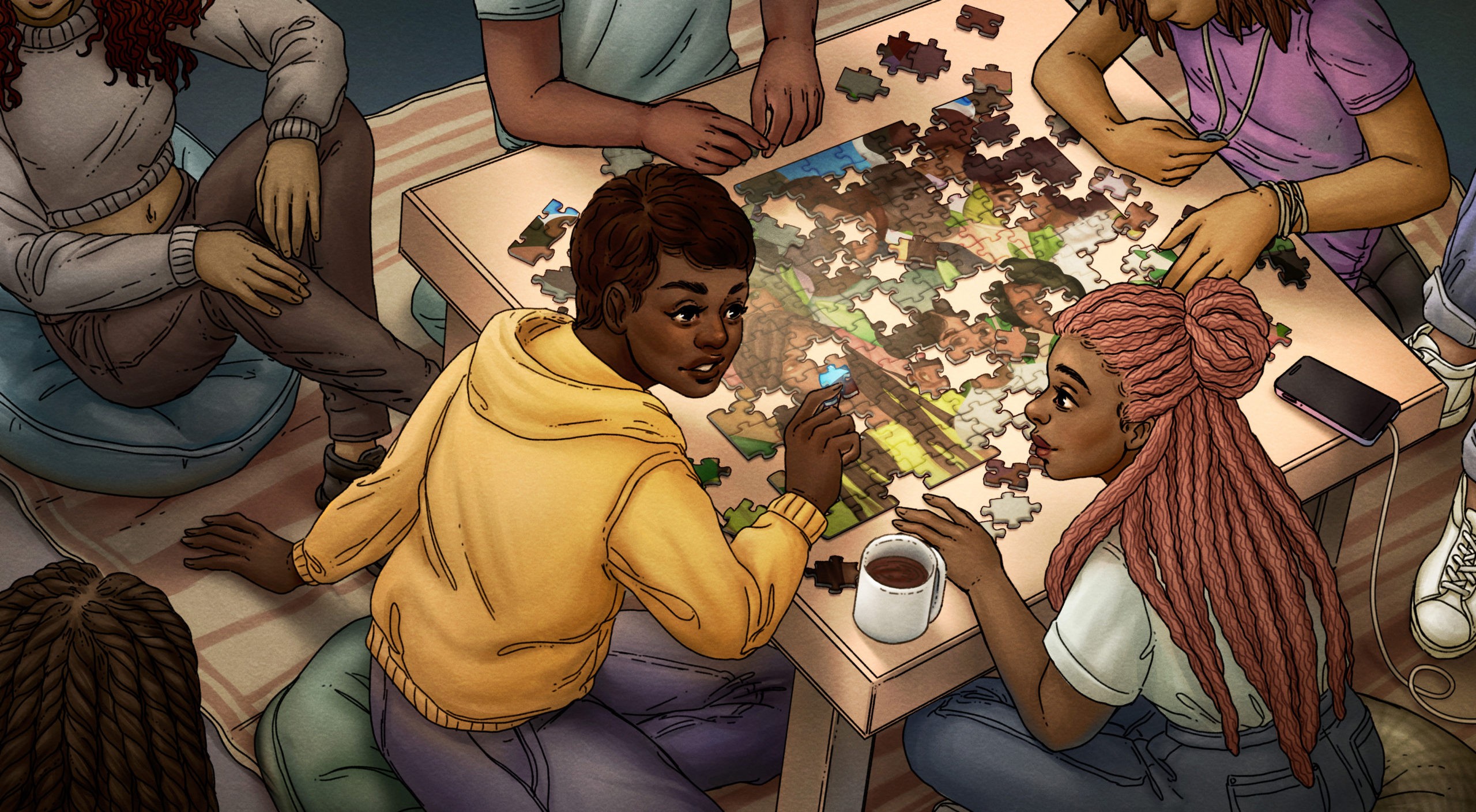 Illustration of a group of people putting together a puzzle, representing the need for the community to piece together the gaps in Black history in B.C.