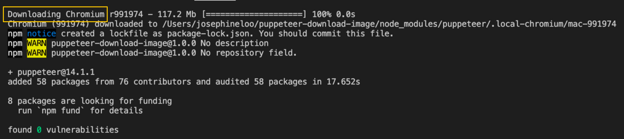 screenshot of Chromium installed when installing Puppeteer