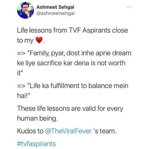 Life lessons from TVF Aspirants close to my ♥️.

=> "Family, pyar, dost inhe apne dream ke liye sacrifice kar dena is not worth it"

=> "Life ka fulfillment to balance mein hai!"

These life lessons are valid for every human being.

Kudos to @TheViralFever 's team.

#tvfaspirants 

#ashmeetsehgaldotcom 

#aspirants #TVFOriginal #tvfaspirants #Aspirants #UPSC #TheViralFever #sandeepbhaiya 

#flames #tvf #timeliners #rajat #ishita #school #schoolromance #coaching #lovestory