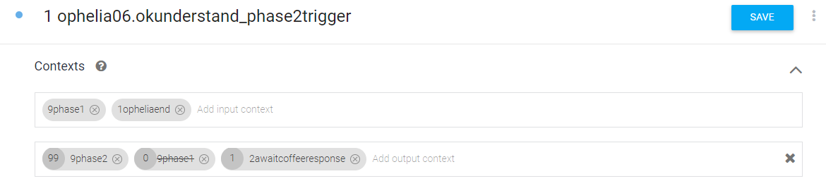 Dialogflow screenshot. Input contexts that have 9phase1 and output context that cancels 9phase1 and has 9phase2 with a lifespan of 99. 