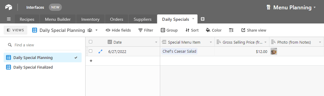 Screenshot of Airtable daily specials table with lookup fields automatically populated