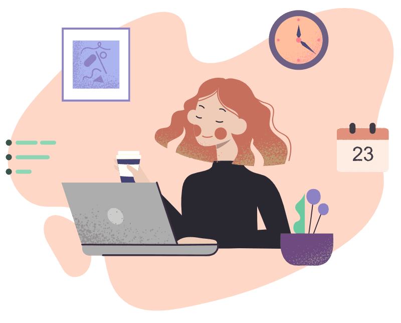 a colourful illustration of a red-haired woman working on her laptop and drinking a coffee