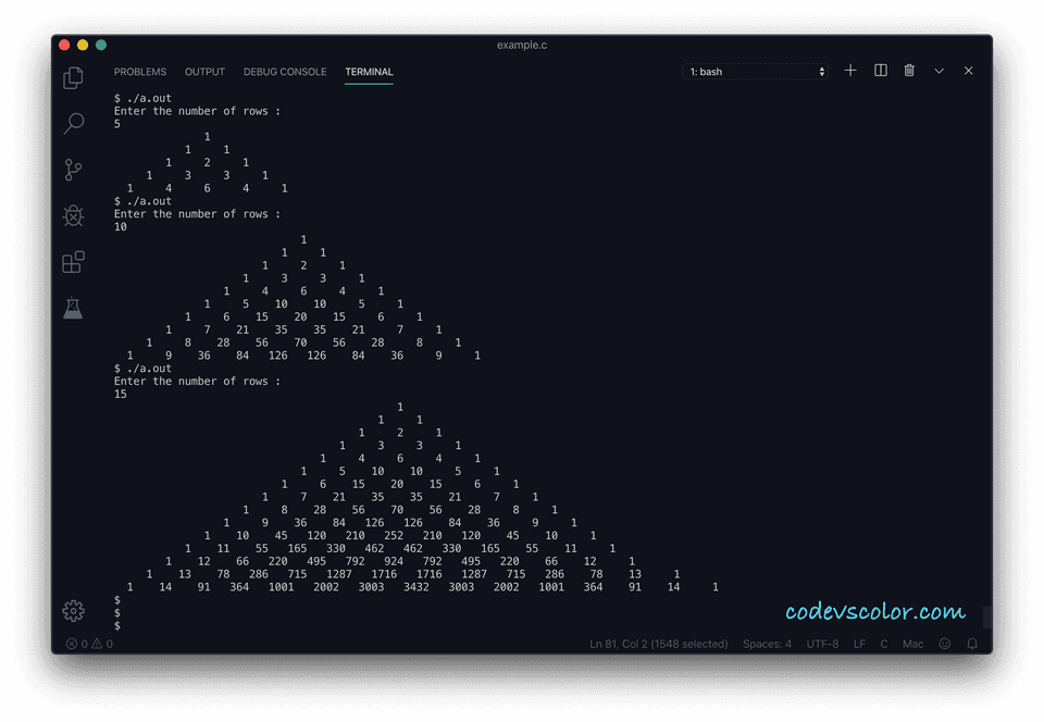 How to print a pascal's triangle in C with explanation - CodeVsColor
