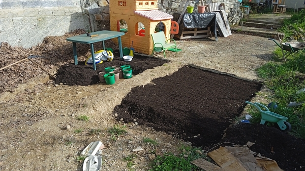 Filling the dug areas with local compost