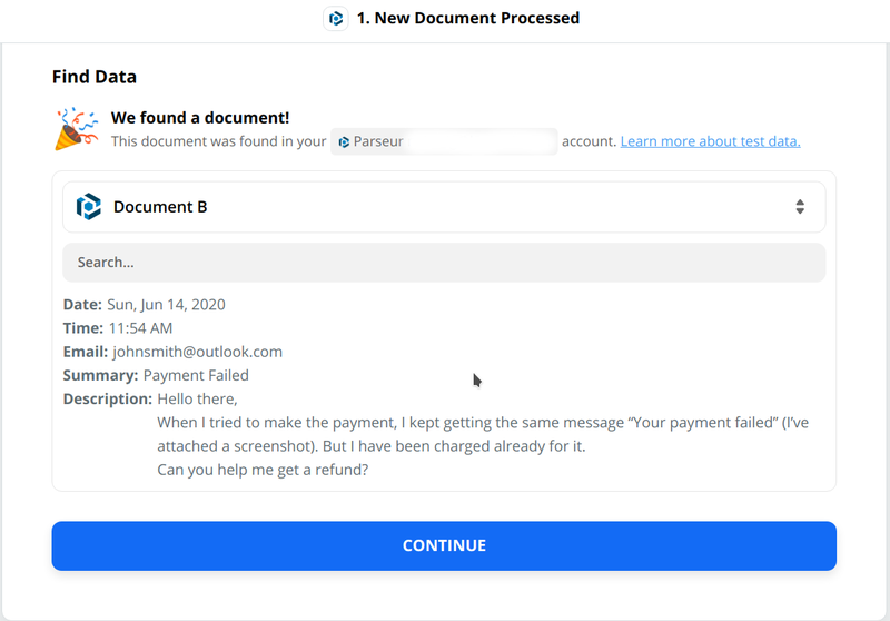 Zapier will retrieve the parsed email data as extracted by Parseur