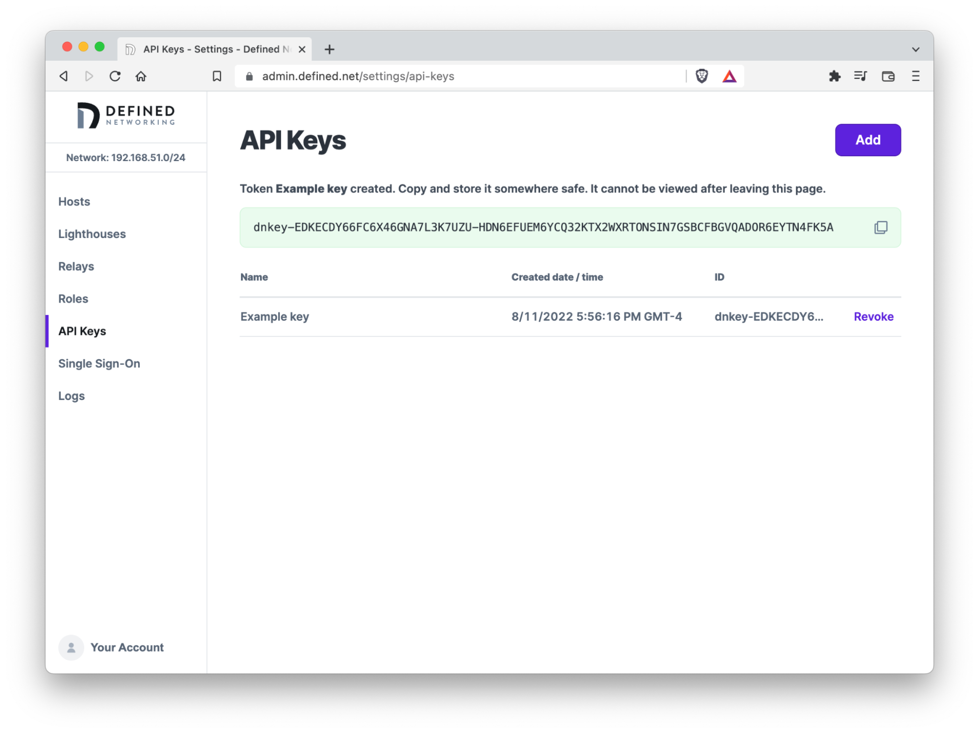 The admin panel opened to the API Keys page with a new API key shown