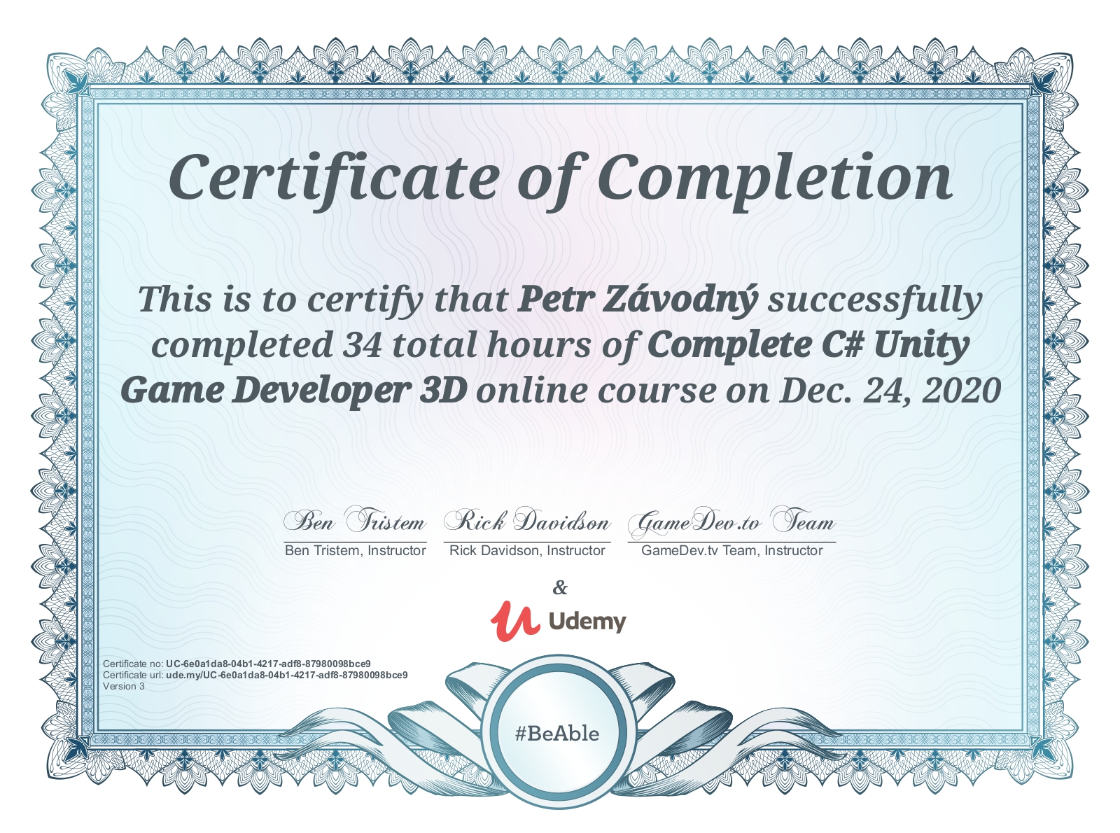certificate Complete C# Unity Game Developer 3D