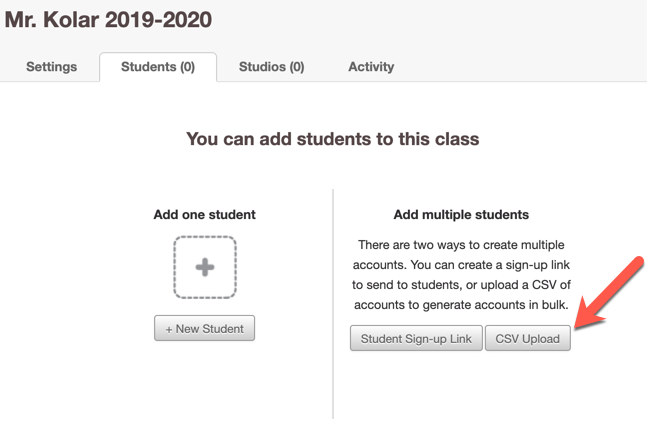 Screenshot of "Students" tab with an arrow pointing to "CSV Upload"