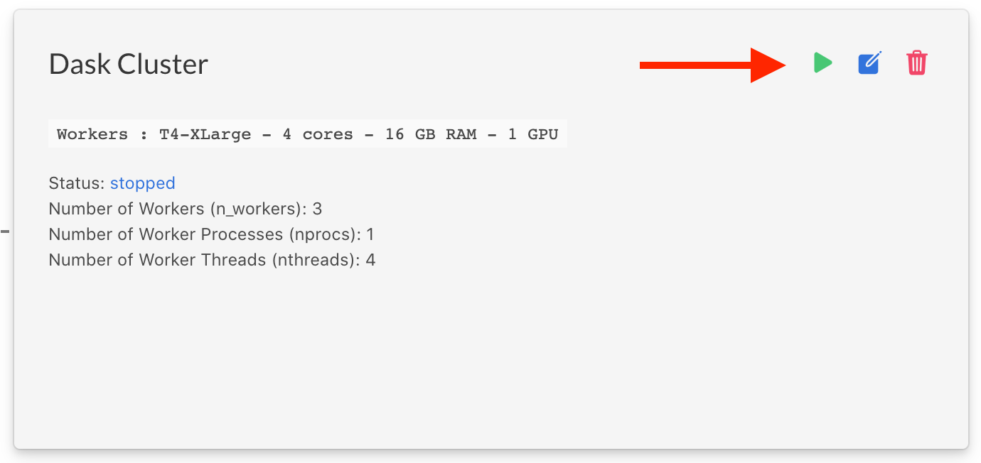 Screenshot of Saturn Cloud project's Dask Cluster card, with arrow pointing to green start button