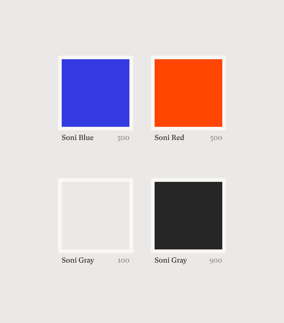 Image displaying Jimmy Soni's main brand colors; blue, red, off-white, and off-black.