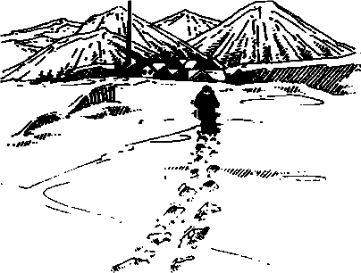A man walking towards snowy mountains.