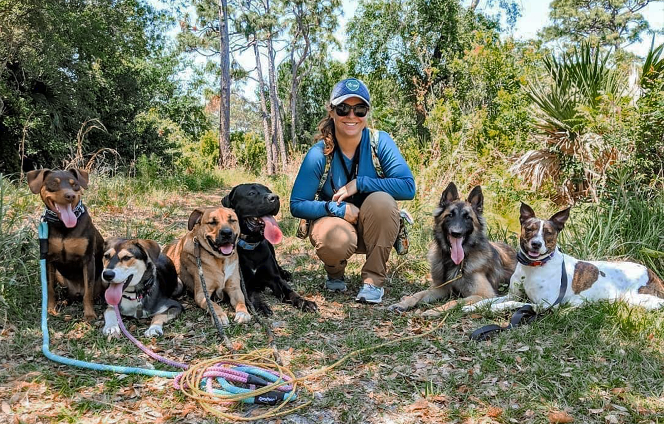 A woman is kneeling on a trail in the woods surrounded by six dogs on leashes that are lying down.