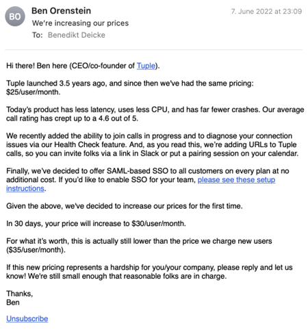 SaaS Pricing Update Emails: Screenshot of pricing update email from Tuple