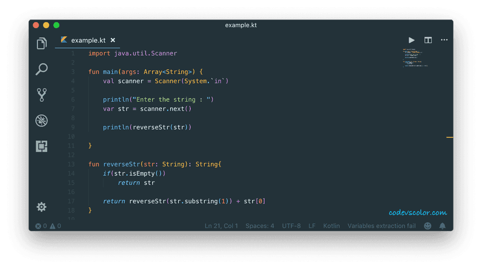 Kotlin program to reverse a string recursively - CodeVsColor