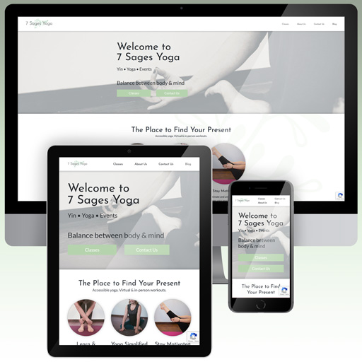 A website for a small yoga studio is shown on a desktop PC, a tablet, and a phone screen.