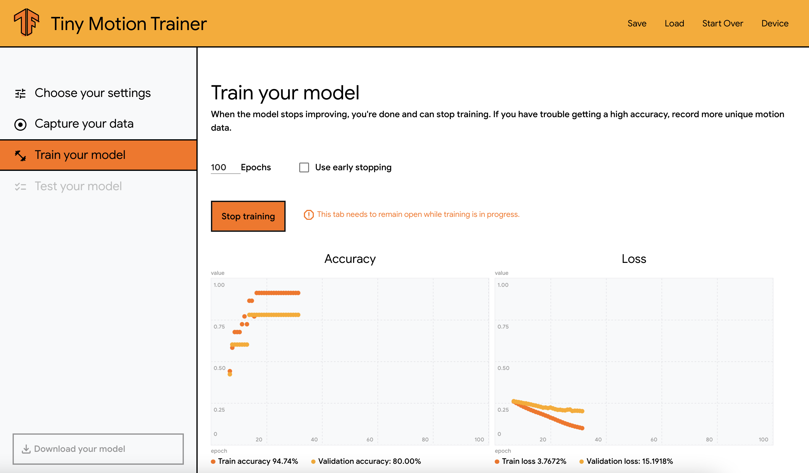 Screenshot of the training screen showing the graphs for accuracy and loss of the training process