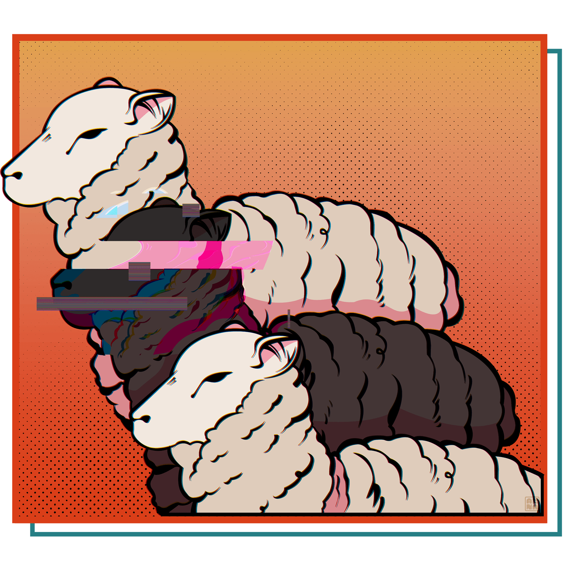 Vector illustration piece number 1 Blackout depicting three sheep with one sheep being glitched out based on the phrase black sheep