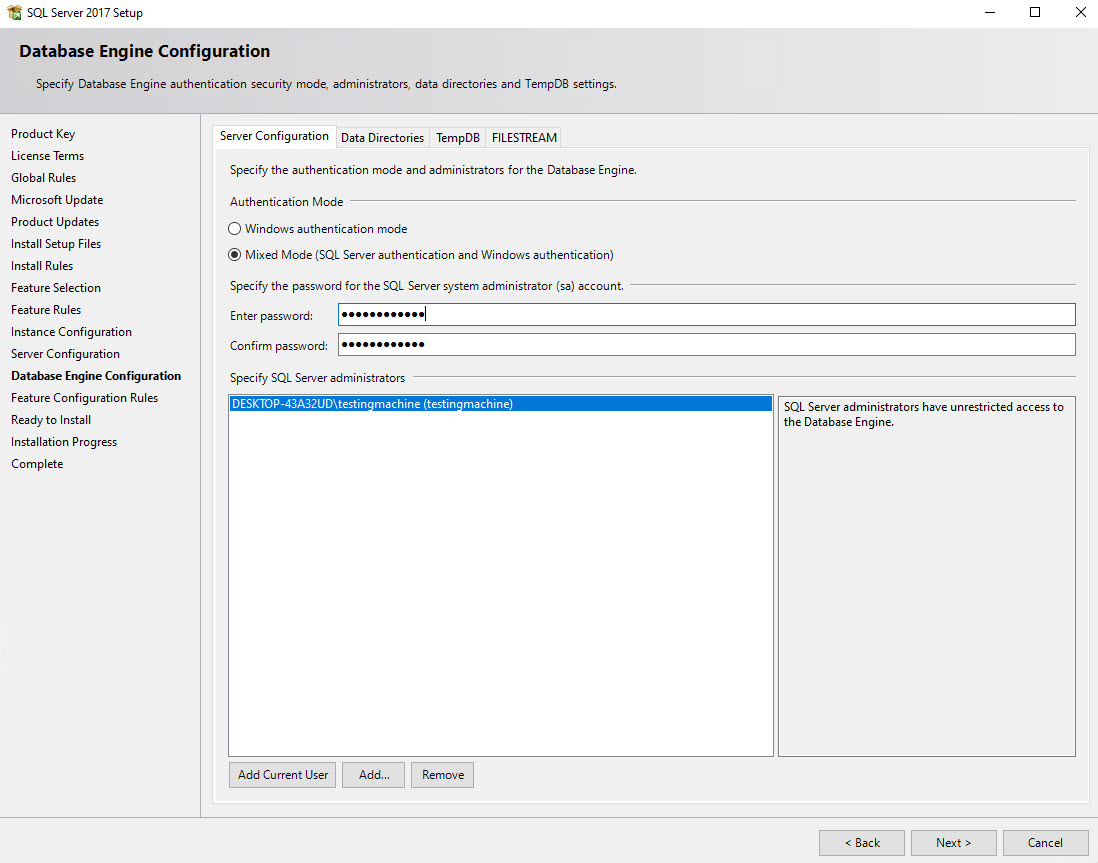 sql server 2017 mixed mode