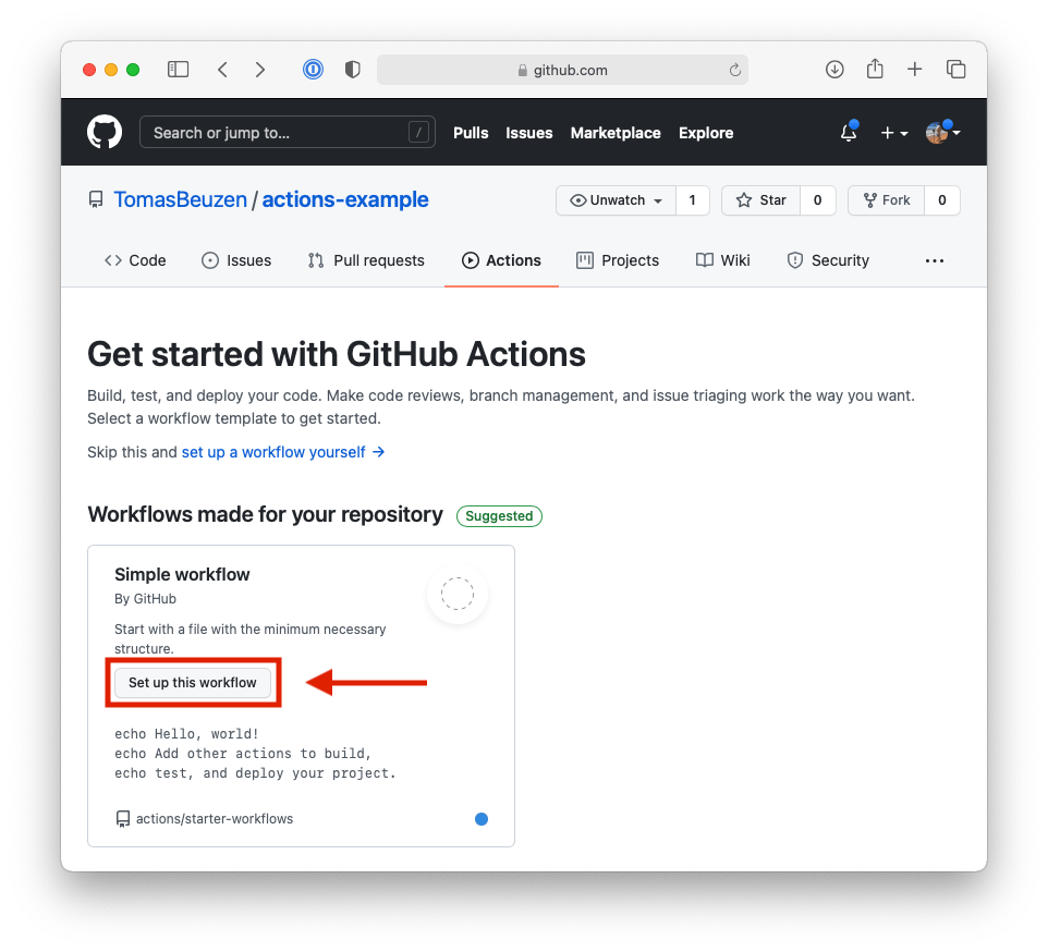 Setting up our first GitHub Actions workflow.