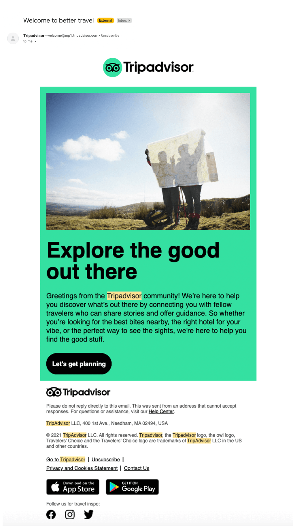 SaaS Welcome Email: Welcome email from Tripadvisor