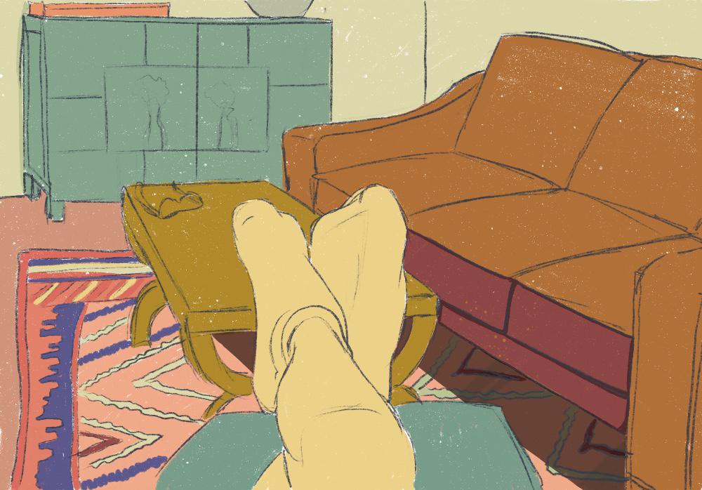 A digital painting of two feet in a room in Paris, by Adam Westbrook