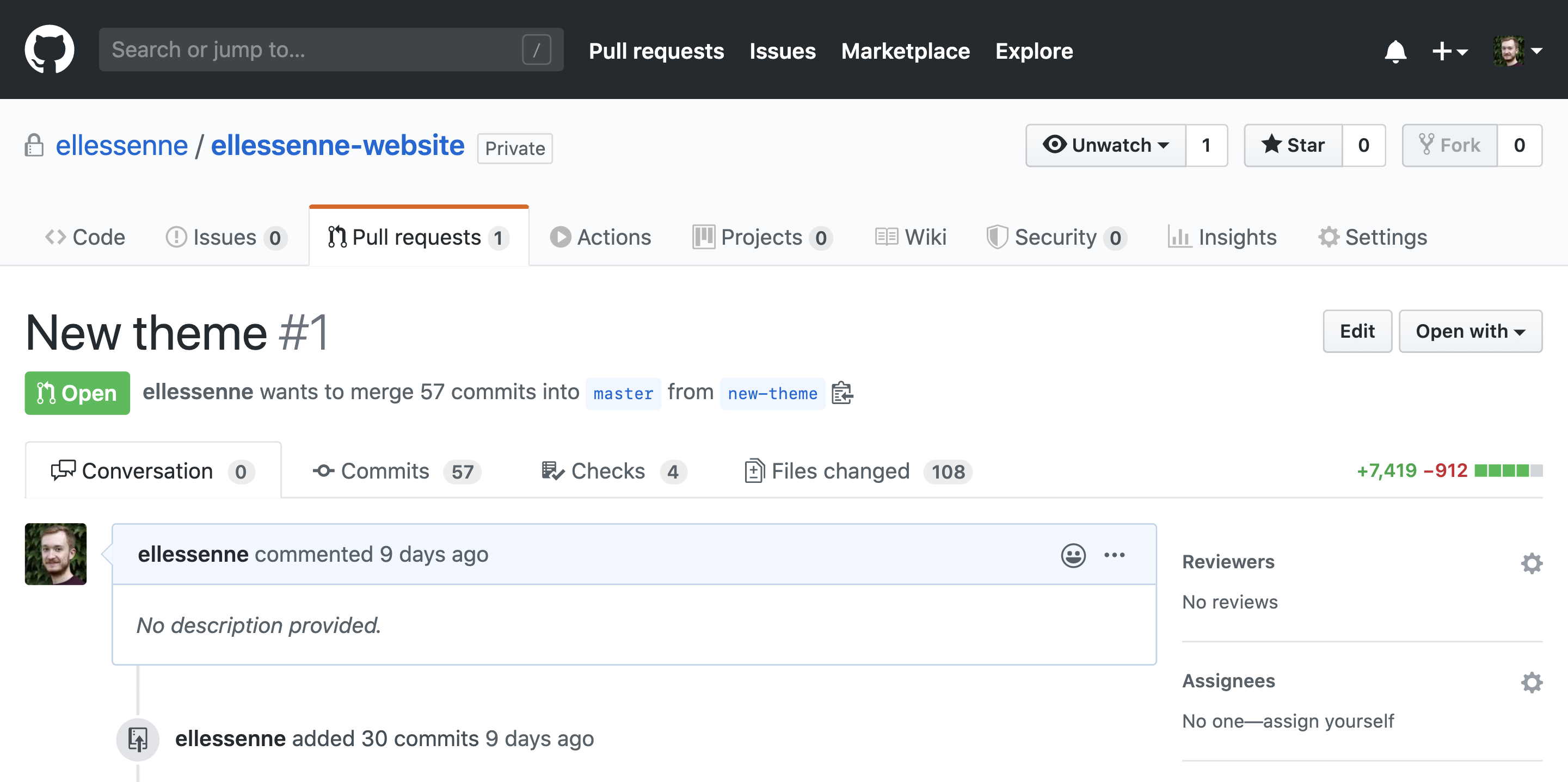 Screenshot of pull request for new blog theme
