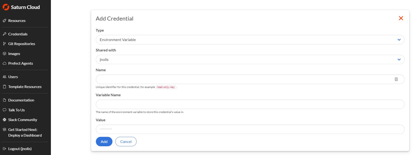 Screenshot of Saturn Cloud Create Credentials form