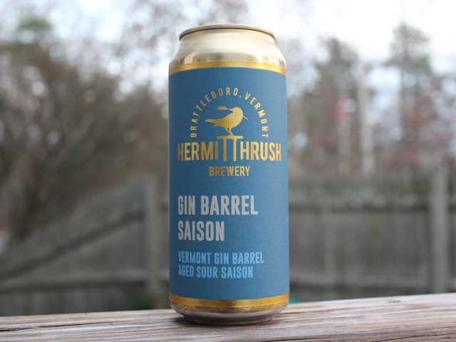 Gin Barrel Saison, a Vermont Gin Barrel Aged Sour Saison brewed by Hermit Thrush Brewery
