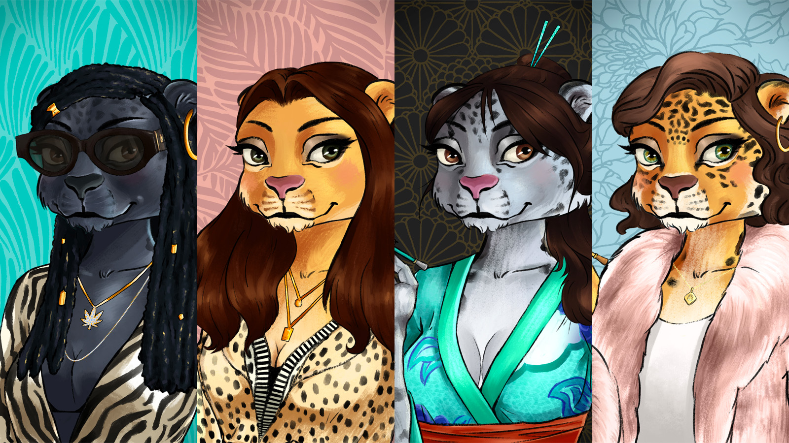 Four cats: a black panther wearing zebra print, a lion wearing leopard print, a snow leopard with a teal kimono, and a jaguar with a pink coat.