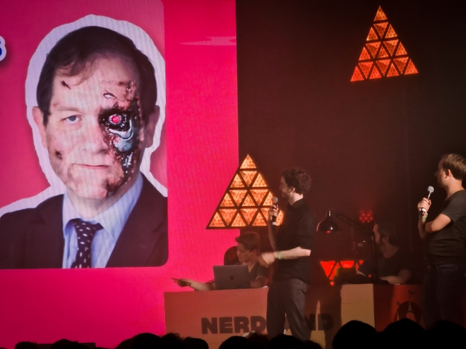 Close-up of Thomas Winters, Jeroen Baert, Lieven Scheire and Hetti Helsmoortel during "TorfsBot Or Not?" at the Nerdland Opening Night 2022.