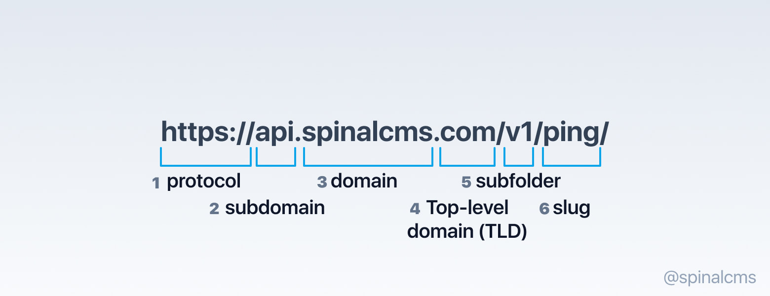 Showing the different parts of the https://api.spinalcms.com/v1/ping/ url