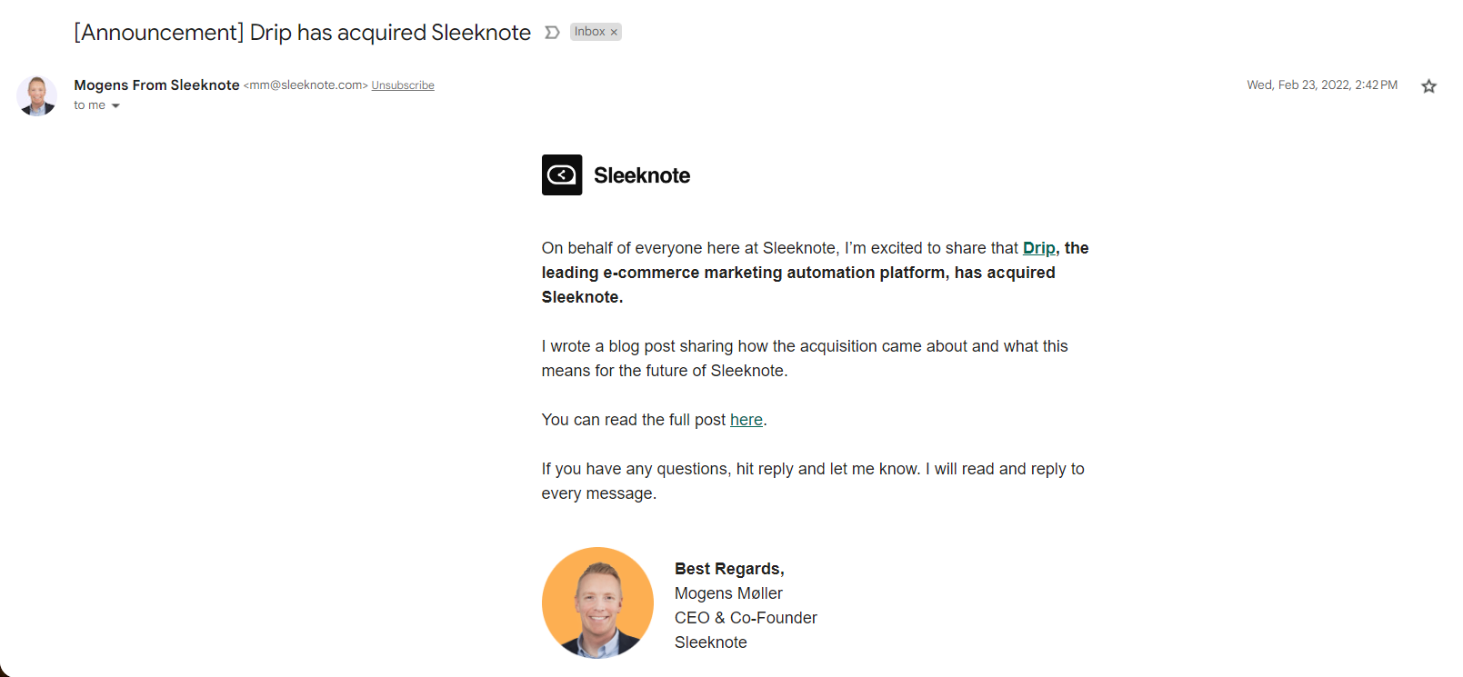 SaaS Company Acquisition Announcement Emails: Screenshot of Sleeknote's announcement email when they got acquired by Drip