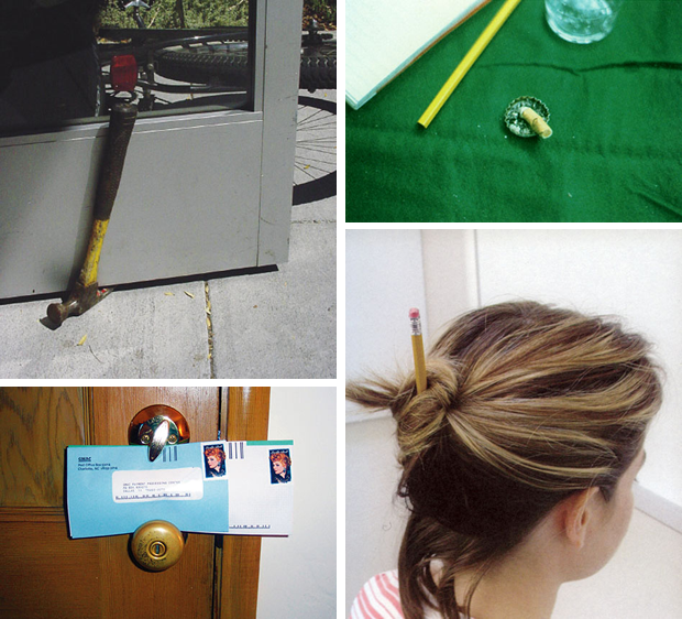 a montage of four thoughtless acts: a woman with a pencil through her gathered hair in a bun; a hammer wedged under a door with its curved head as the anchor weight; pieces of mail lodged between a door's knob and its lock.