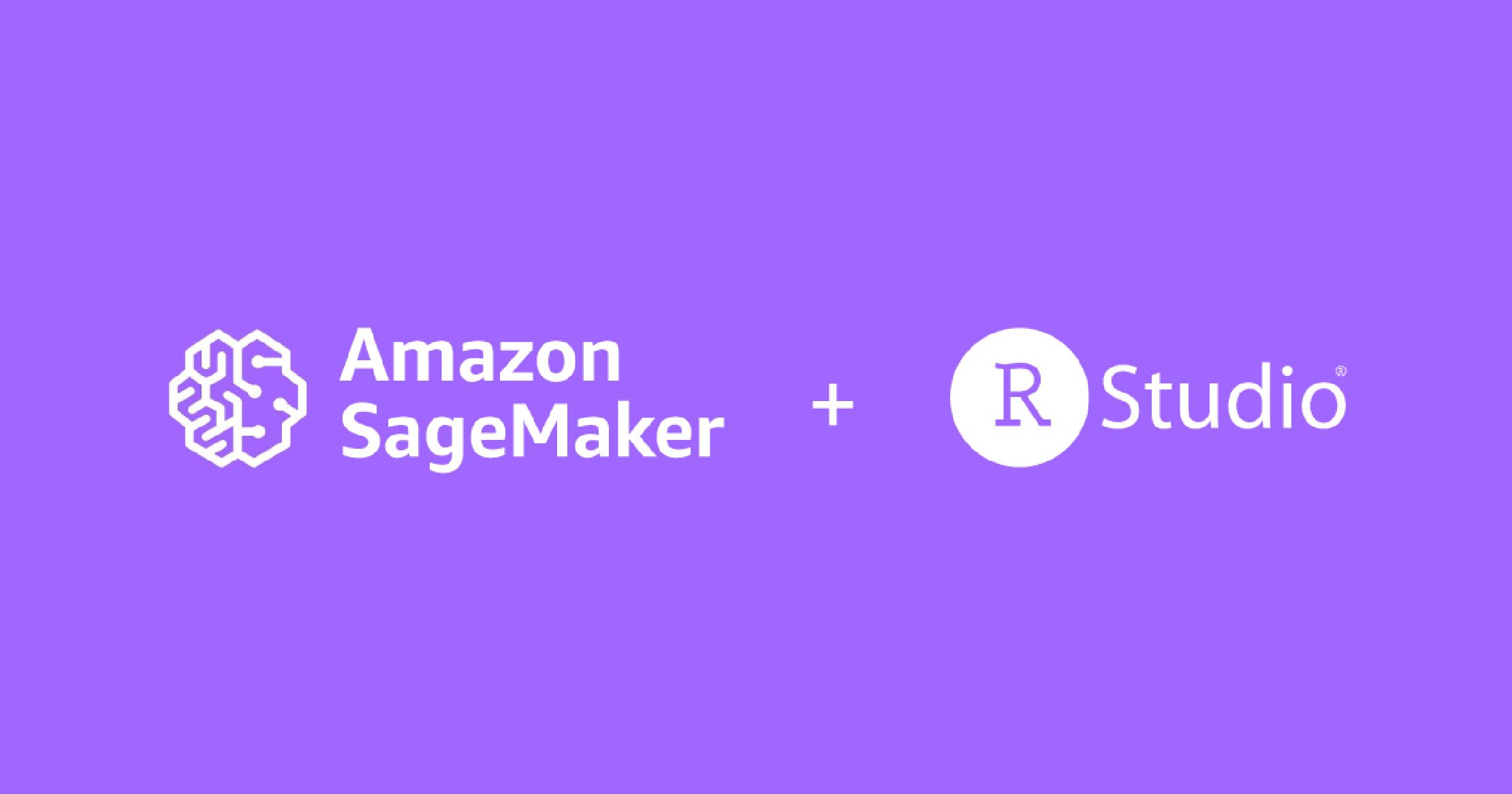 Thumbnail Amazon SageMaker icon, plus sign, and RStudio icon on a purple background