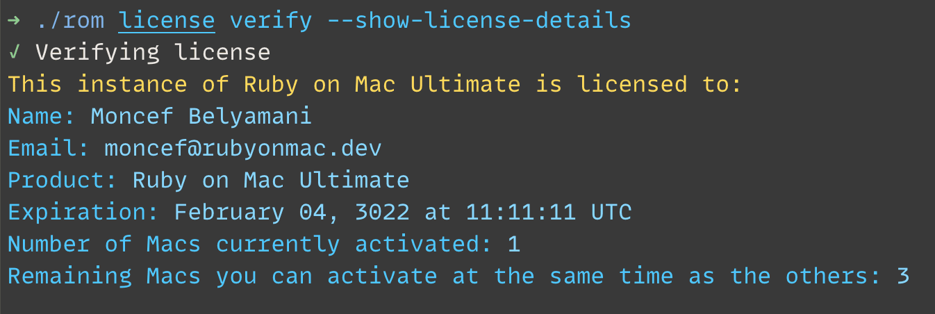 license details displayed by Ruby on Mac Ultimate CLI