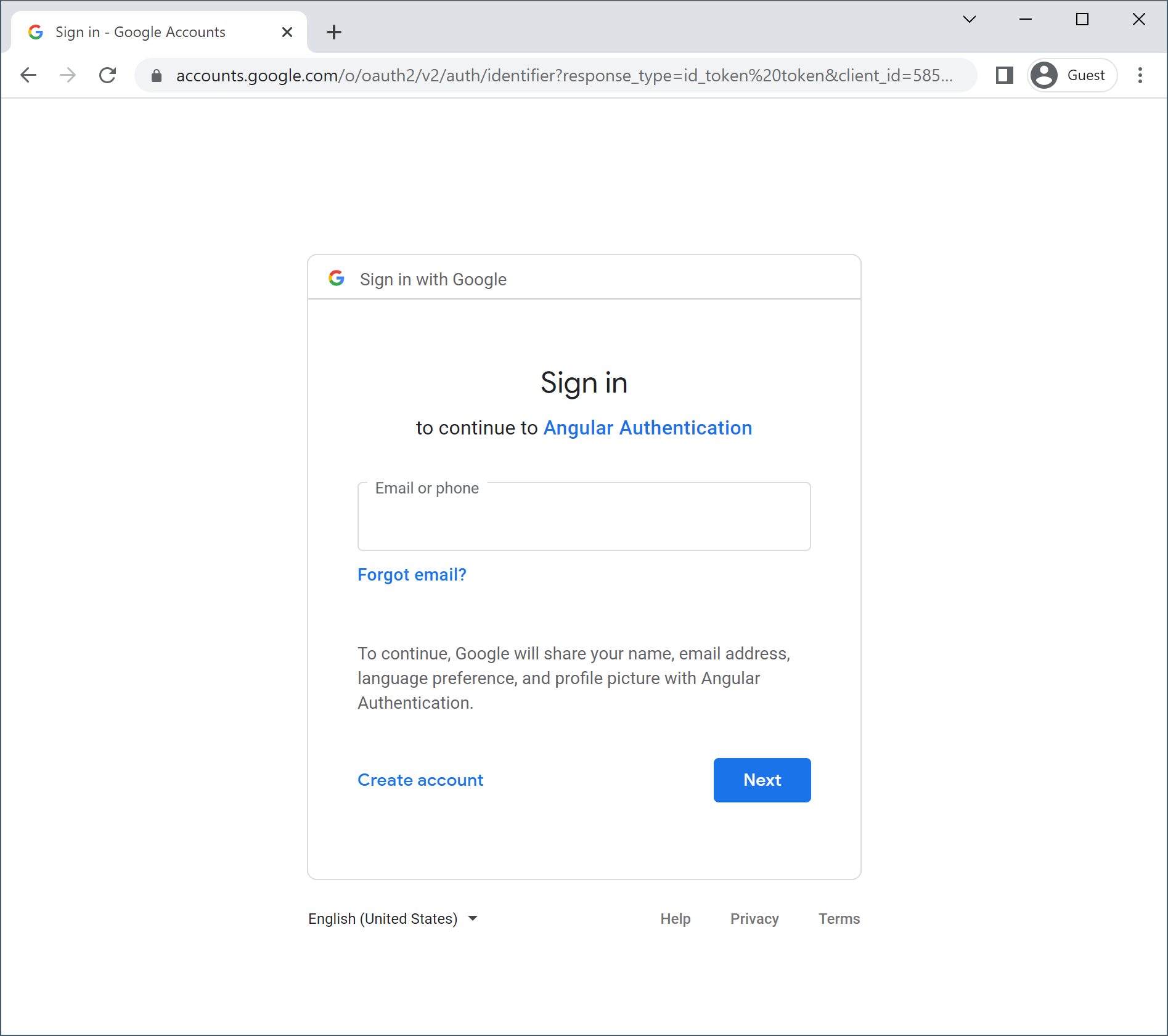 Google Sign in form with our application name