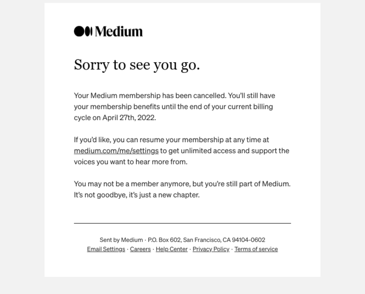 SaaS Cancellation Emails: Screenshot of Medium's cancellation email