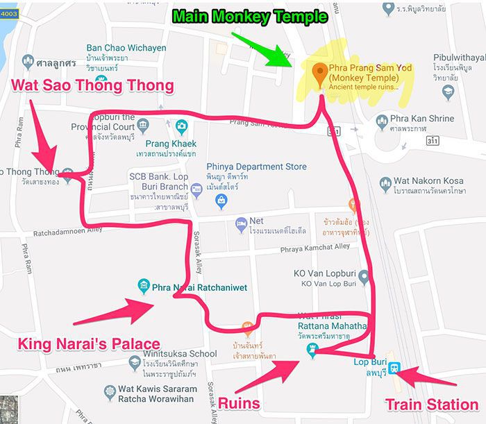 Map of recommended route to take in Lopburi to see the monkeys