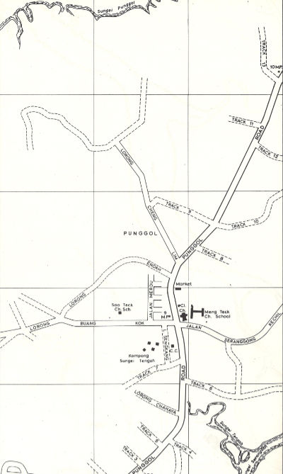 A 1968 map of the roads in Punggol, highlighting Kampong Sungei Tengah Community Centre near the junction of Punggol Road and Lorong Buangkok.