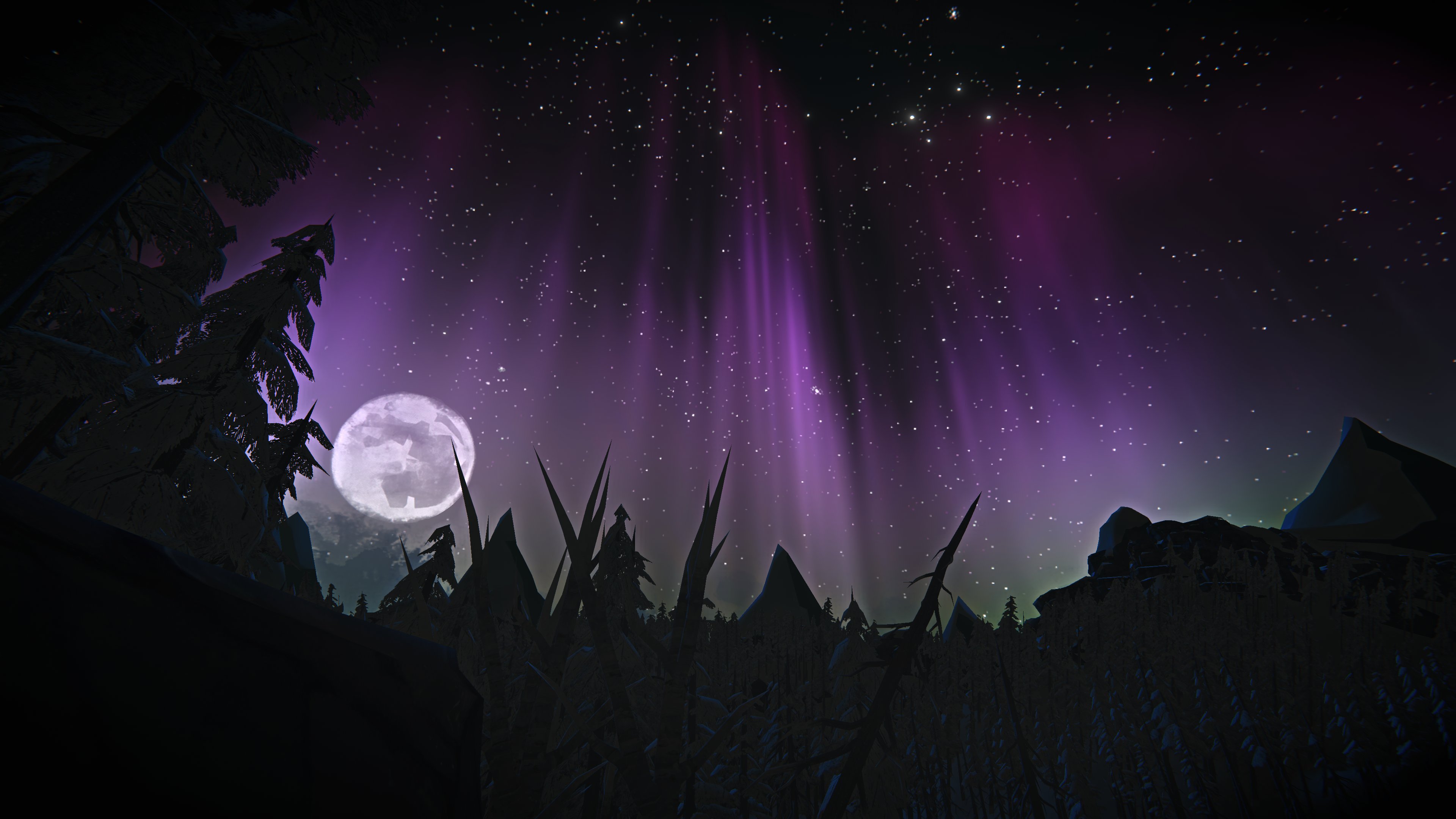 Purple aurora borealis with a full moon.