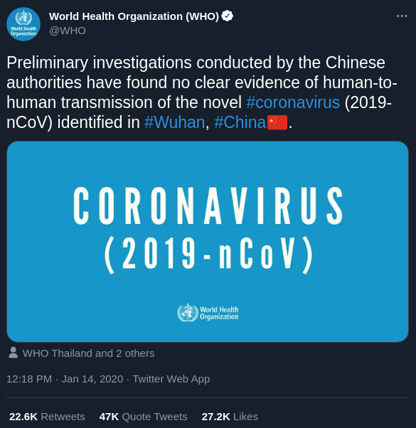 No clear evidence of human-to-human transmission of novel coronavirus, as stated by WHO on Twitter in January 2020