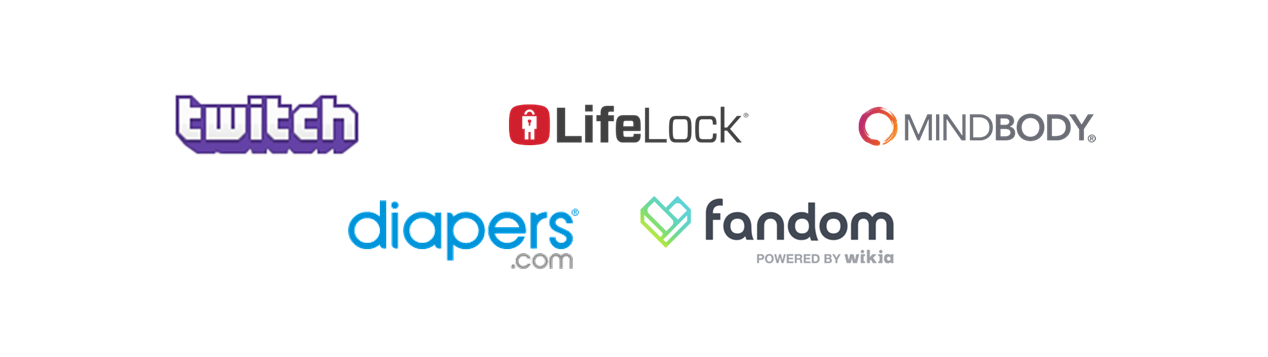 Logos of Twitch, Diapers.com, LifeLock, Fandom, Mindbody