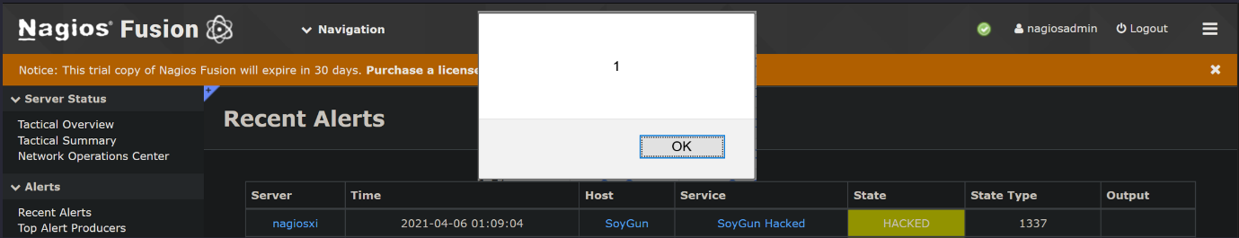 XSS triggers an alert on Nagios Fusion XSS triggers an alert on Nagios Fusion