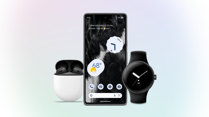 From left to right, the Pixel Buds, the Pixel 7, and the Pixel Watch.
