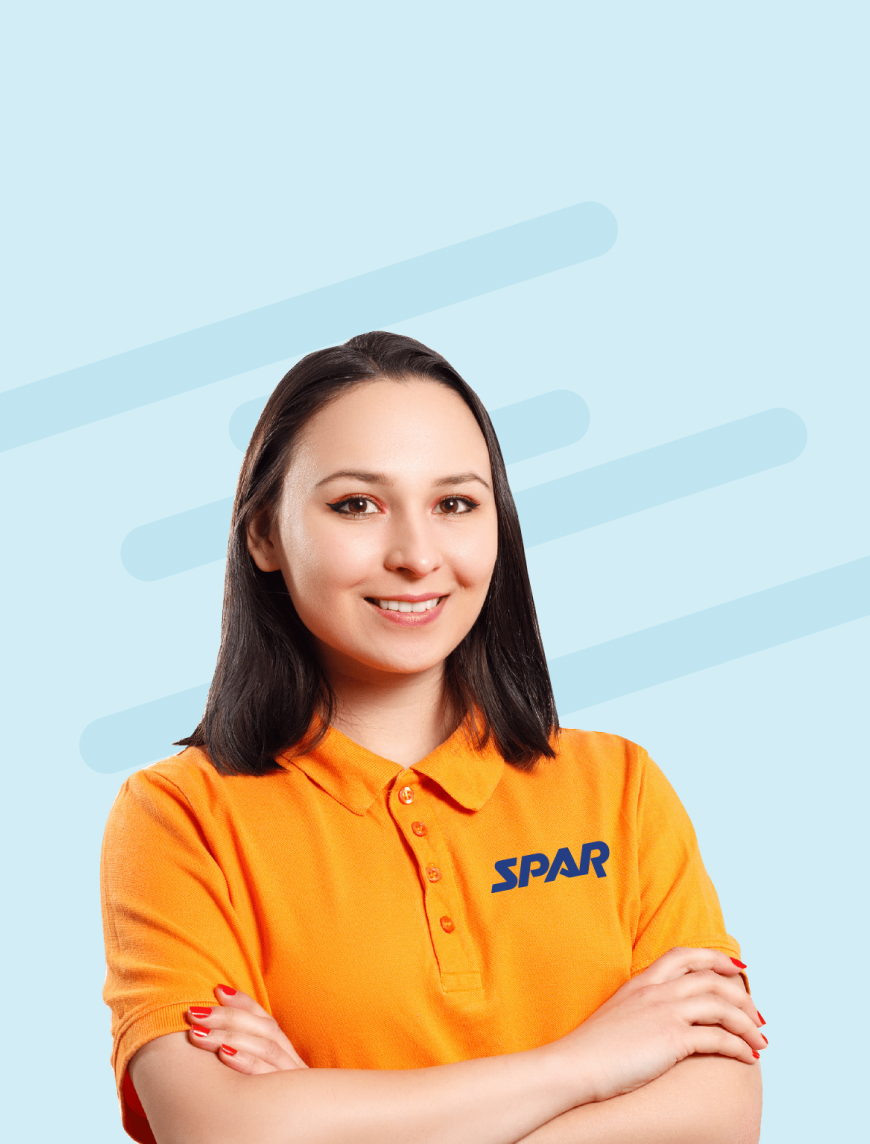 a spar employee in an orange shirt