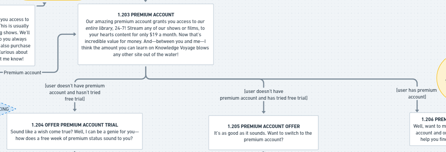 Flowchart screenshot. Seb using conditional pathing (different branches depending on what the user's category is).