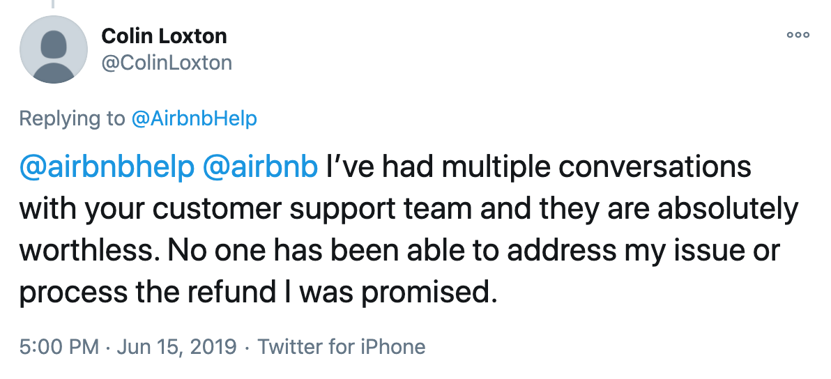 Tweet complaining about Airbnb