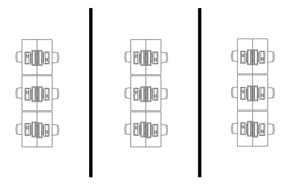 A diagram of desks in groups of 6 separated by walls or room separators.