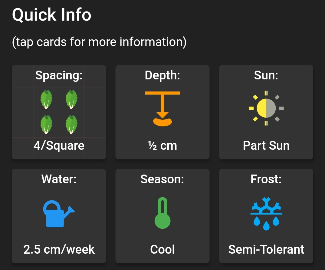Screenshot of frost tolerance information in Planter